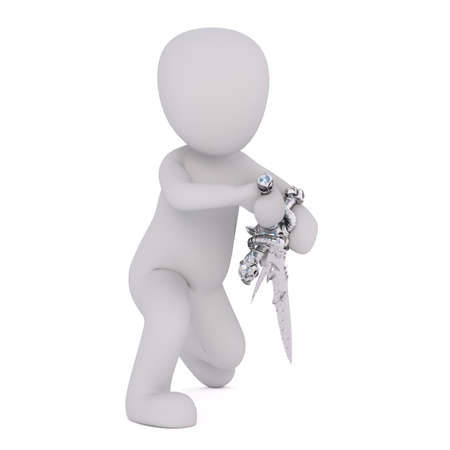 Generic Gray 3d Cartoon Figure Holding Large Warrior Fantasy Sword and Kneeling in front of White Backgroundの写真素材