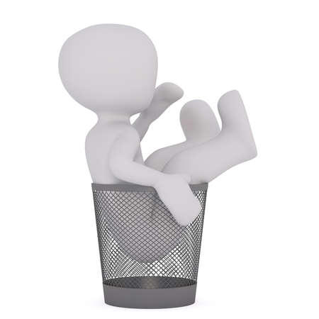 3D figure of faceless little man sitting stuck inside empty garbage basket, render isolated on white backgroundの写真素材