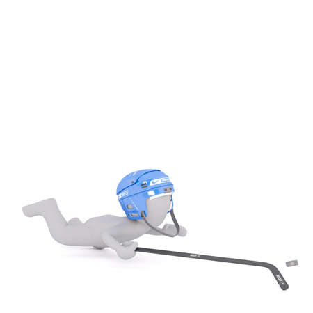Generic Gray 3d Cartoon Figure Wearing Blue Safety Helmet and Holding Hockey Stick While Diving for Hockey Puck in front of White Backgroundの写真素材