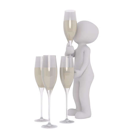 3d toon stood with four glasses of champagne, celebrating by kissing one, white backgroundの写真素材