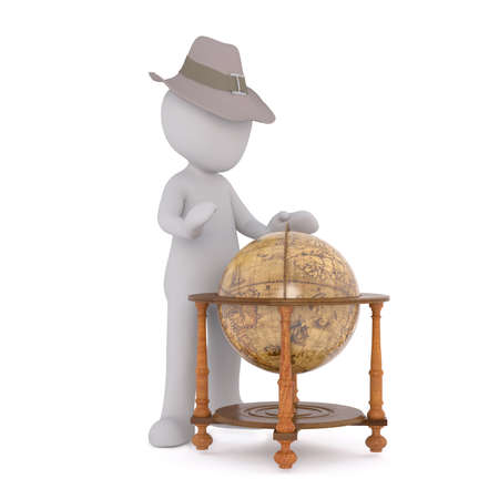 Generic Gray 3d Cartoon Figure Wearing Adventure Fedora Hat and Looking Down at World Globe Mounted in Stand - Choosing Next Destinationの写真素材