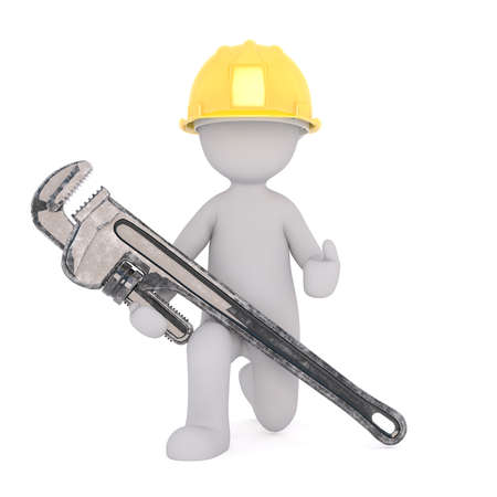 Generic Gray 3d Cartoon Figure Wearing Yellow Hard Hat and Holding Large Oversize Wrench While Kneeling in front of White Backgroundの写真素材