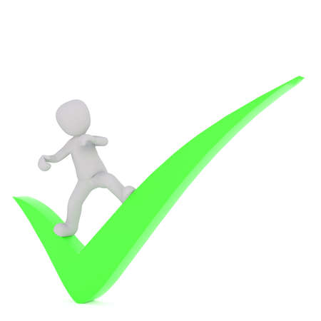 Figure of faceless cartoon man surfing on huge green 3D check mark, render isolated on white backgroundの写真素材