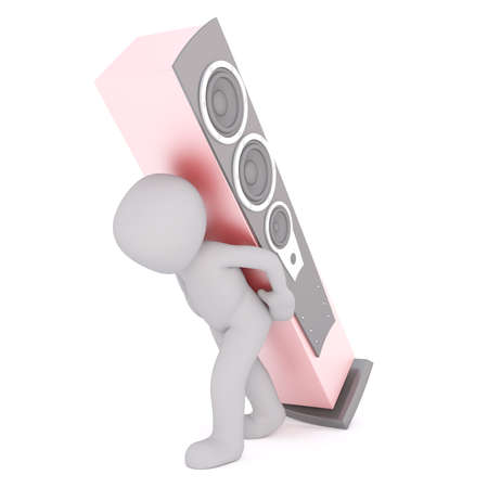 Generic Gray 3d Cartoon Figure Carrying Heavy Large Pink Music Speaker on Back in front of White Backgroundの写真素材