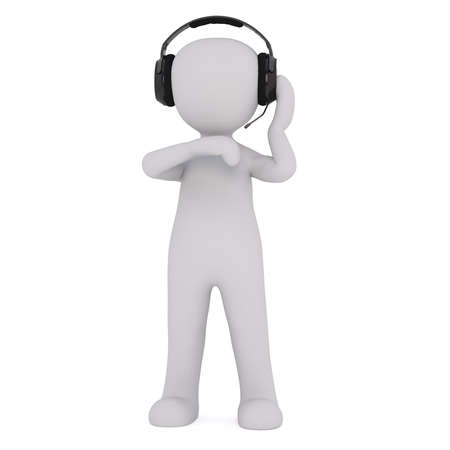 Generic Gray 3d Cartoon Figure Standing in front of White Background and Listening to Speaker through Head Set and Looking Down at Implied Wrist Watch - Production Concept Imageの写真素材