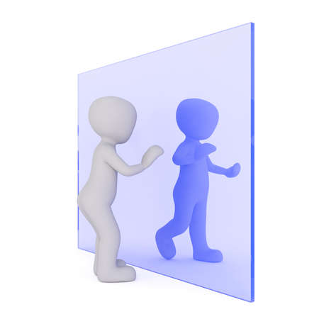 3D render figure of two faceless cartoon men standing from different sides of big blue glass wall, isolated on whiteの写真素材