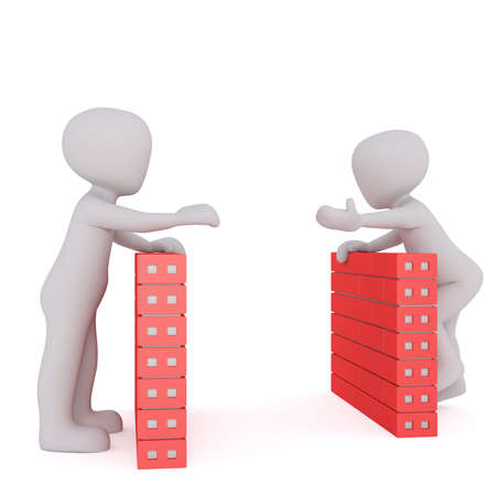 Two full body 3d toon workers talking over top of red filing cabinets, white backgroundの写真素材