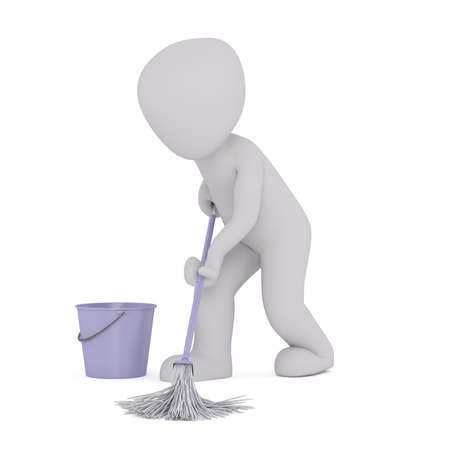 Generic Gray 3d Cartoon Figure Mopping Floor Using Purple Mop and Bucket in front of White Backgroundの写真素材