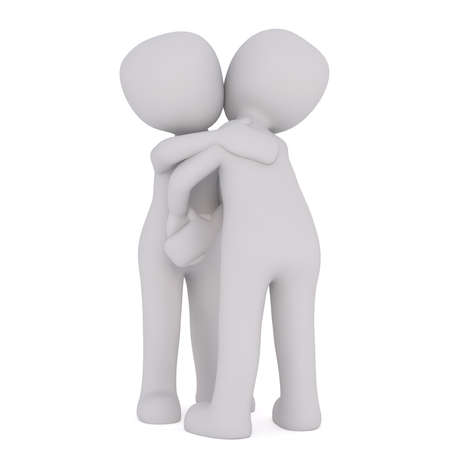 Two faceless cartoon 3D men having handshake with hugging each other, isolated on white backgroundの写真素材