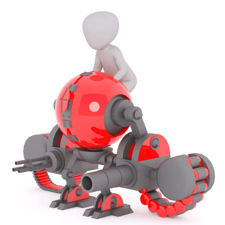 Faceless 3d man riding red killing robot machine armed with huge loaded guns, isolated on white...