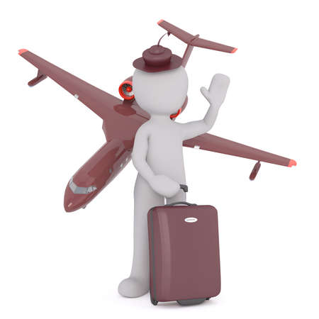 Vacation Travel Themed Image of 3d Cartoon Figure Standing in Fashionable Hat and Holding Suitcase in front of Airplane and White Backgroundのeditorial素材