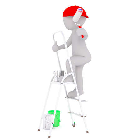 Generic Gray 3d Cartoon Figure Wearing Red Cap and Holding Paint Roller While Climbing Ladder in front of White Background with Various Paint Cans and Bucketsの写真素材