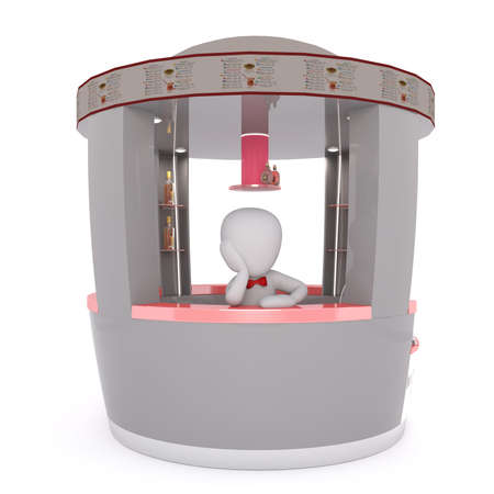 Bored Generic Gray 3d Cartoon Bartender Figure Leaning on Counter of Modern Bar Kiosk with Menu in front of White Backgroundの写真素材