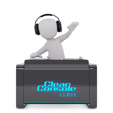 3D figure of faceless cartoon man standing at DJ mixer in headphones waving his hand following the beat, render isolated on whiteの写真素材