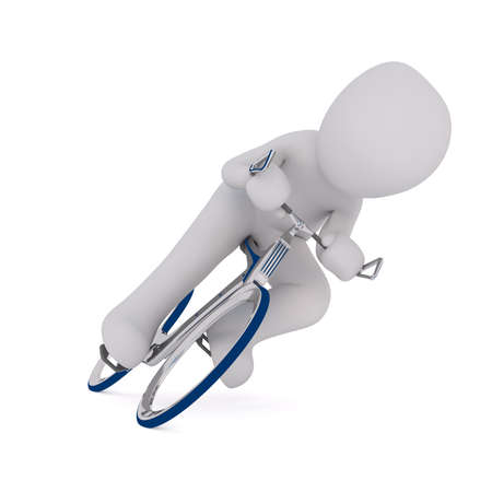 Gray 3d Cartoon Figure Racing on Bicycle - Generic Figure Riding Blue Race Bike and Leaning Dramatically to the Side in front of White Backgroundの写真素材
