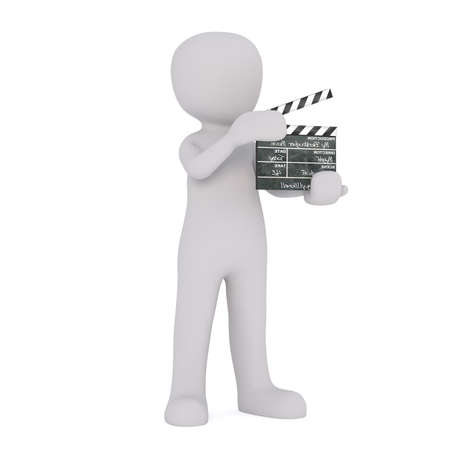 Generic Gray 3d Cartoon Figure Standing in front of White Background on Movie Set and Holding Clapperboardの写真素材