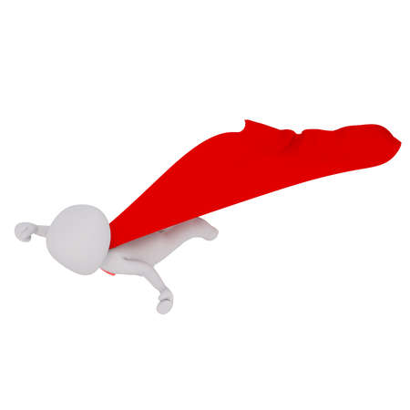 Cartoon character of 3D faceless superman flying with his outstretched fist and red cape waving in the wind, render isolated on whiteの写真素材