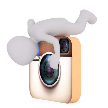 Generic Gray 3d Cartoon Figure Climbing on top of Large Oversize Instagram Camera Icon and Looking...