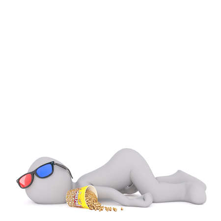 3D Rendering of a funny man wearing 3D glasses while lying down near a fallen popcorn bucket after slipping at cinemaの写真素材