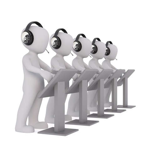 Full body row of 3d toons in headphones using touchscreens on stands, white background