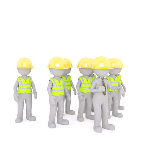 Faceless 3D people construction workers in yellow hard hats and safety vests and their boss in necktie, standing isolated on white backgroundの写真素材