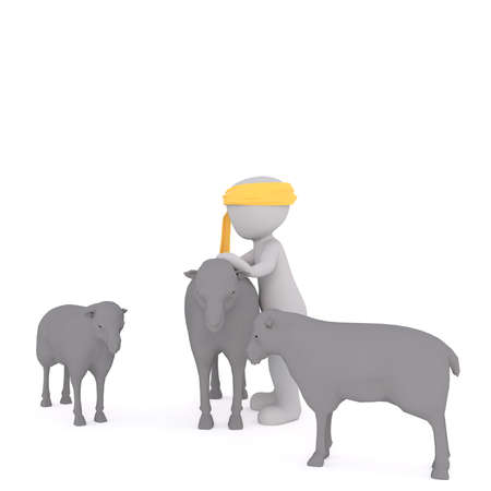 Figure of faceless cartoon character shepherd in yellow headband stroking sheep standing between them, isolated on white backgroundの写真素材