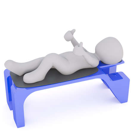 High Angle View of Generic Gray 3d Cartoon Figure Giving Double Thumbs Up Hand Signal While Lying Down on Back on Bright Blue Bench in front of White Backgroundの写真素材
