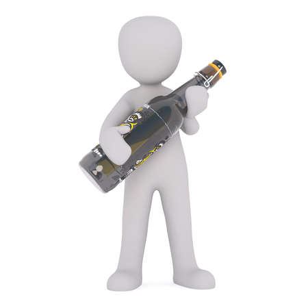 Generic Gray 3d Cartoon Figure Standing in front of White Background Holding Large Oversize Bottle of Beerの写真素材