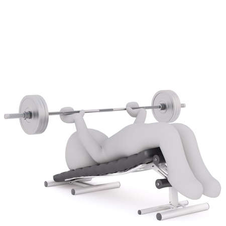 Generic Gray 3d Cartoon Figure Lying on Exercise Bench Lifting Barbell Weights in front of White Backgroundの写真素材