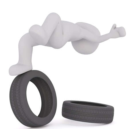 Figure of faceless 3D man falling backwards slipped on car tyre, render isolated on white backgroundの写真素材