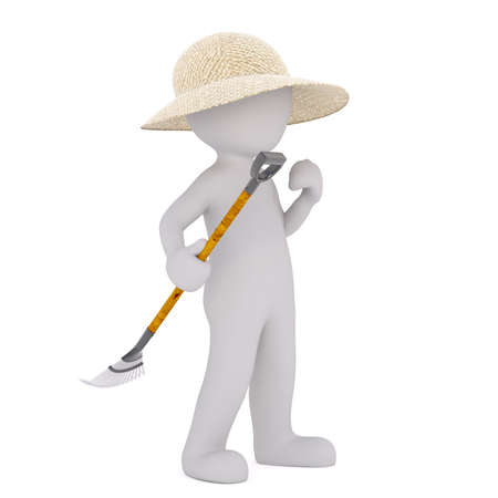 Faceless 3D man character of gardener in straw hat holding leaf rake, standing isolated on white backgroundの写真素材