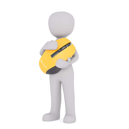 Faceless grey 3D man holding huge yellow wireless computer mouse, standing isolated on whiteの写真素材