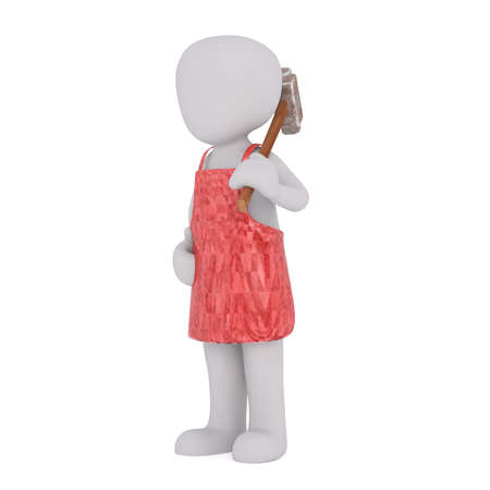 Generic Gray 3d Cartoon Figure Wearing Red Apron and Holding Sledgehammer Over Shoulder in front of White Backgroundの写真素材