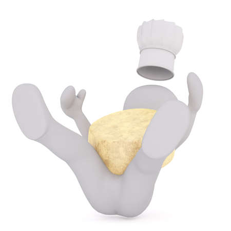 3D man suffers a terrible fall with large cheese wheel on his belly as chefs hat tumbles to the floorの写真素材