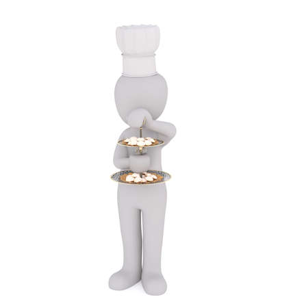 Faceless 3D man character of chef holding 2 tier tray with pastry with both hands, isolated on whiteの写真素材