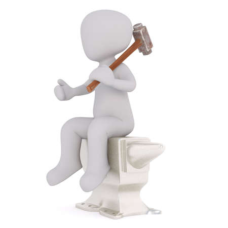 Faceless 3D man character sitting on anvil with hammer over his shoulder, render isolated on white backgroundの写真素材
