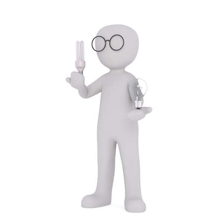 Faceless 3D man character in glasses holding different generation lamps in his hands as if weighting them on scales, standing isolated on white backgroundの写真素材
