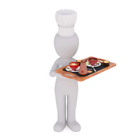Faceless 3D man character of cook holding tray of prepared meal in hands, standing isolated on white backgroundの写真素材