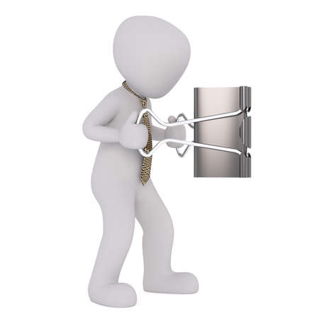 Figure of faceless 3D man in necktie holding huge black metal binder clip, standing isolated on whiteの写真素材