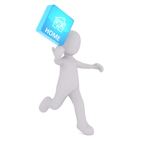 Full body 3d toon running and balancing illuminated home button on hand, white backgroundの写真素材
