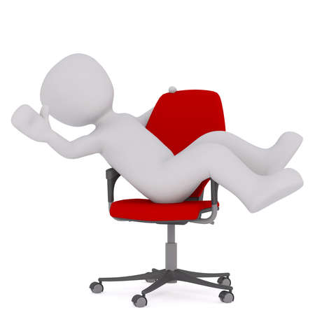 Generic Gray 3d Cartoon Figure Reclining Comfortably in Plush Red Office Chair in front of White Backgroundの写真素材