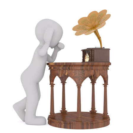 Faceless 3D man standing leaning at wooden table with old gramophone and listening to music, render isolated on whiteの写真素材