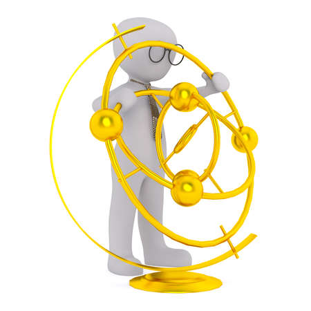 One 3D illustrated figure with glasses and tie stands holding a golden astronomical globeの写真素材