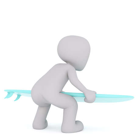 Faceless 3D man cartoon character crouching with surfing board in hands, standing isolated on white backgroundの写真素材