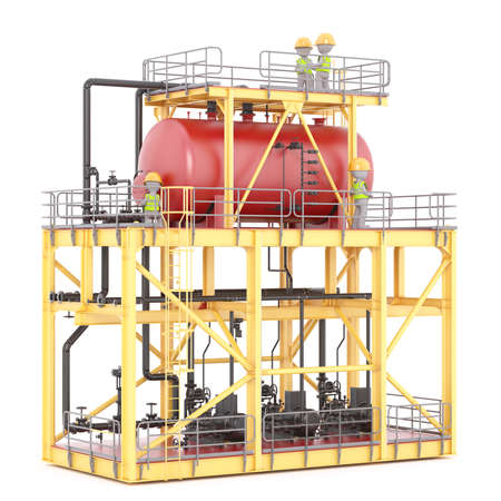 Two 3D illustrated figures stand on platform atop a power plant and wearing hard hatsの写真素材
