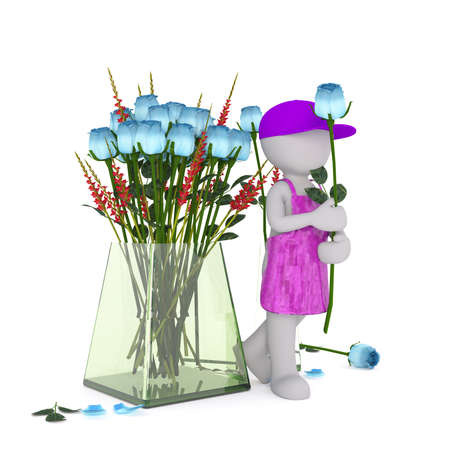 Generic Gray 3d Cartoon Figure Wearing Bright Purple Cap and Apron Holding Blue Rose Beside Large Oversize Glass Vase with Bouquet in front of White Backgroundの写真素材