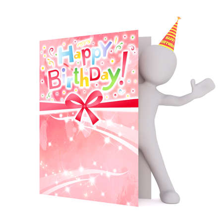 Generic Gray 3d Cartoon Figure Wearing Party Hat and Peeking Out from Inside Large Oversize Birthday Card in front of White Backgroundの写真素材