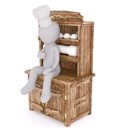 Faceless 3D man cook character sitting on vintage wooden kitchen cupboard with dishes, isolated on white backgroundの写真素材