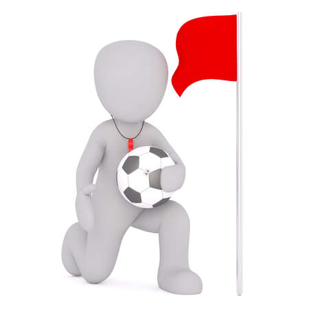 Faceless cartoon character of soccer referee with football in his hand standing on one knee near red flag, 3D render isolated on white backgroundの写真素材