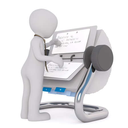 Figure of little 3D man in necktie searching information in rolodex filled with cards, standing isolated on white backgroundの写真素材
